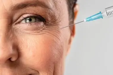 Visage d'une femme recevant un soin anti-âge sous la forme d'une injection de produit à côté de l'oeil